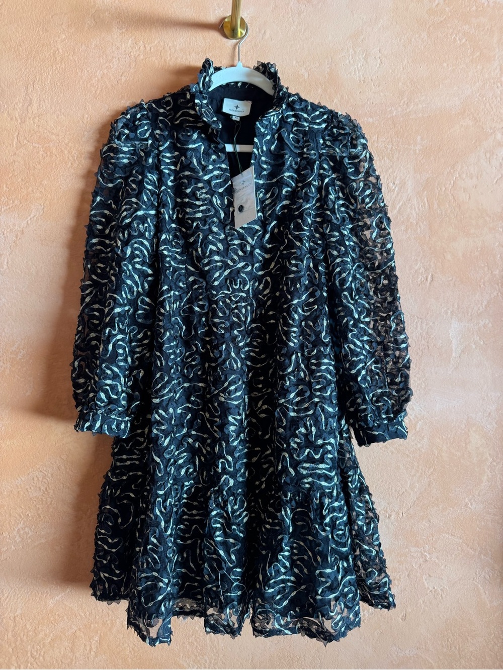 Tuckernuck Black Metallic Textured Mini Dress Ruffle Neck NWT XS